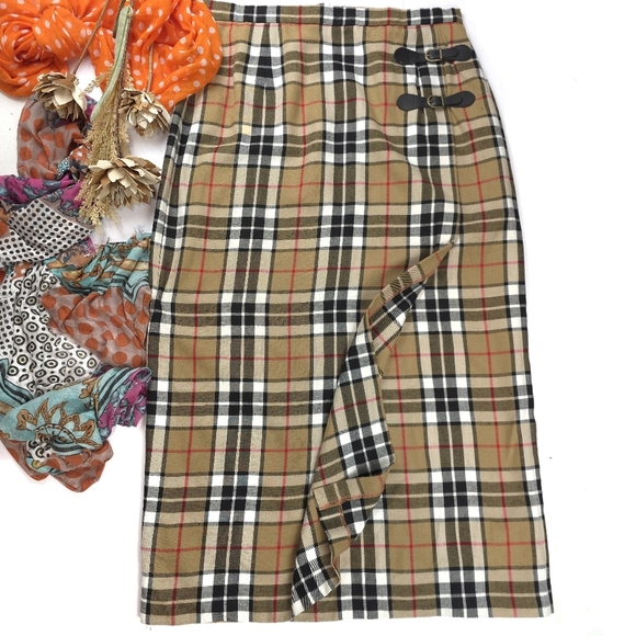 Maggy London Rayon Blend Tan Plaid Part Wrap Long Skirt Sz 14 - Picture 1 of 9